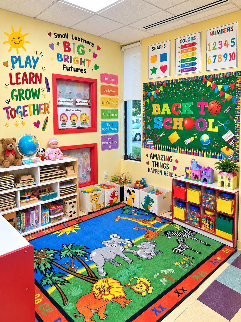 A preschool classroom with a Back to School board, toy shelves and a jungle animal rug.