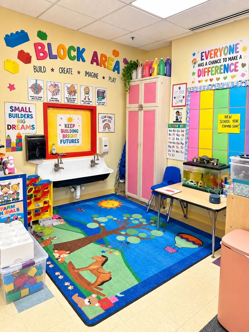 The block area, with building bricks, a handwashing sink with step-by-step posters, and a classroom turtle tank.