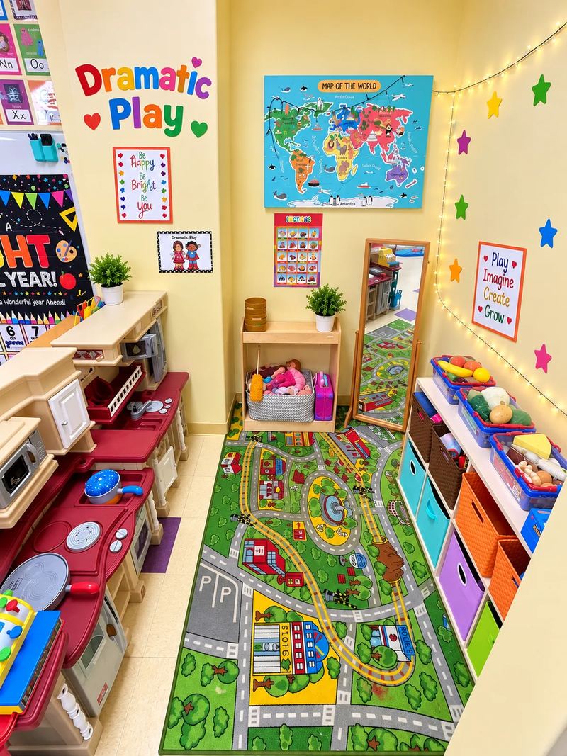 The dramatic play center, with a play kitchen, a dress-up mirror, a world map and a road rug.