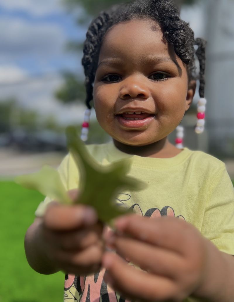 Showing off a leaf found outside.