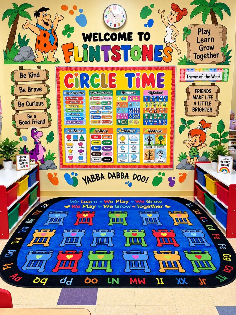 The Flintstones classroom circle time wall, with charts for days, months, numbers, shapes, colors and seasons.