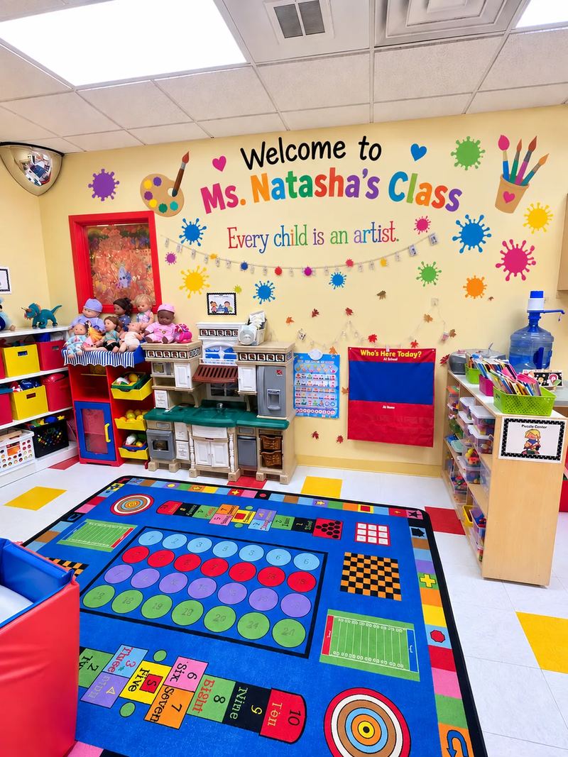 Ms. Natasha’s class, with a play kitchen, a doll area, a puzzle center and a games rug.