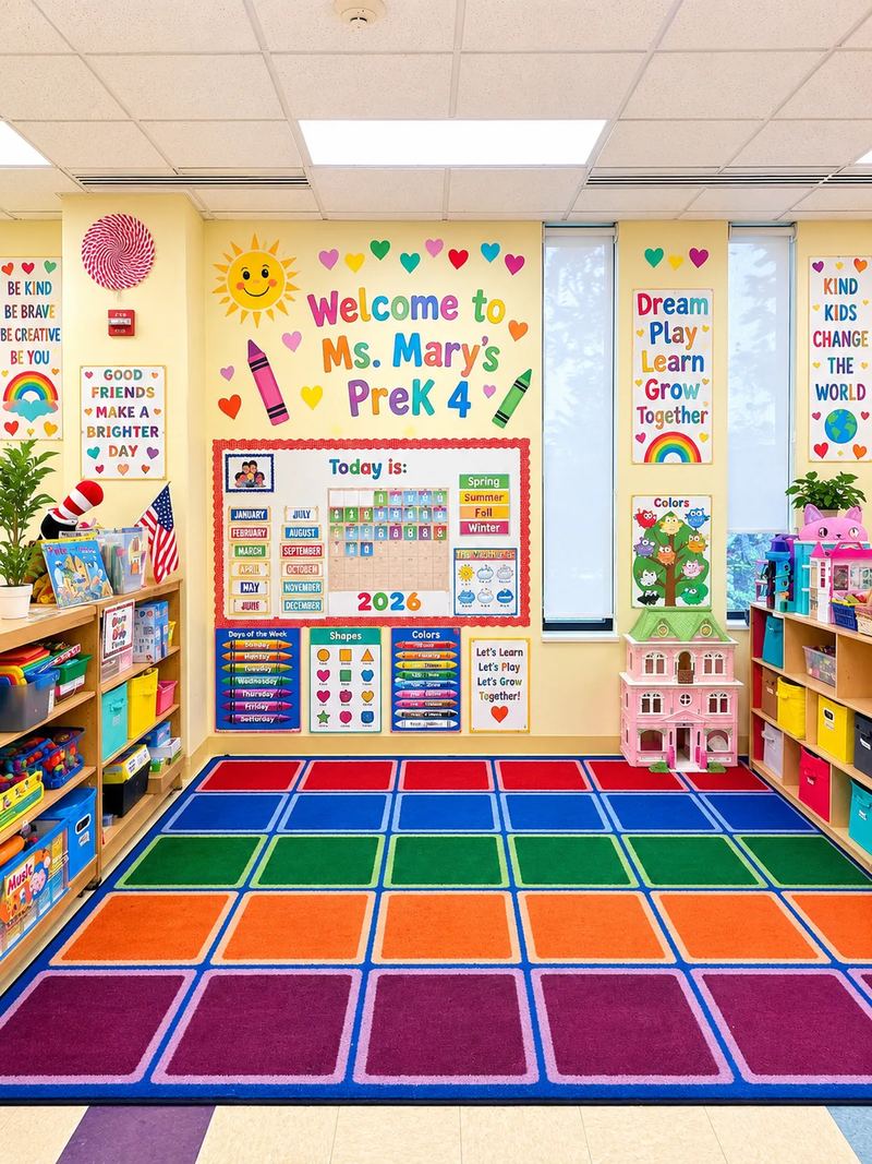 Pre-K 4 circle time area with a calendar board, weather chart and color block seating rug