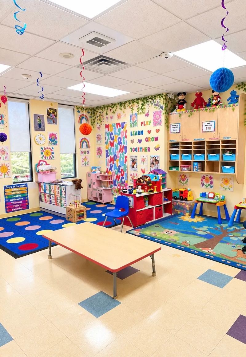 A wide view of a preschool classroom, with learning centers, a play kitchen and an open table for group work.