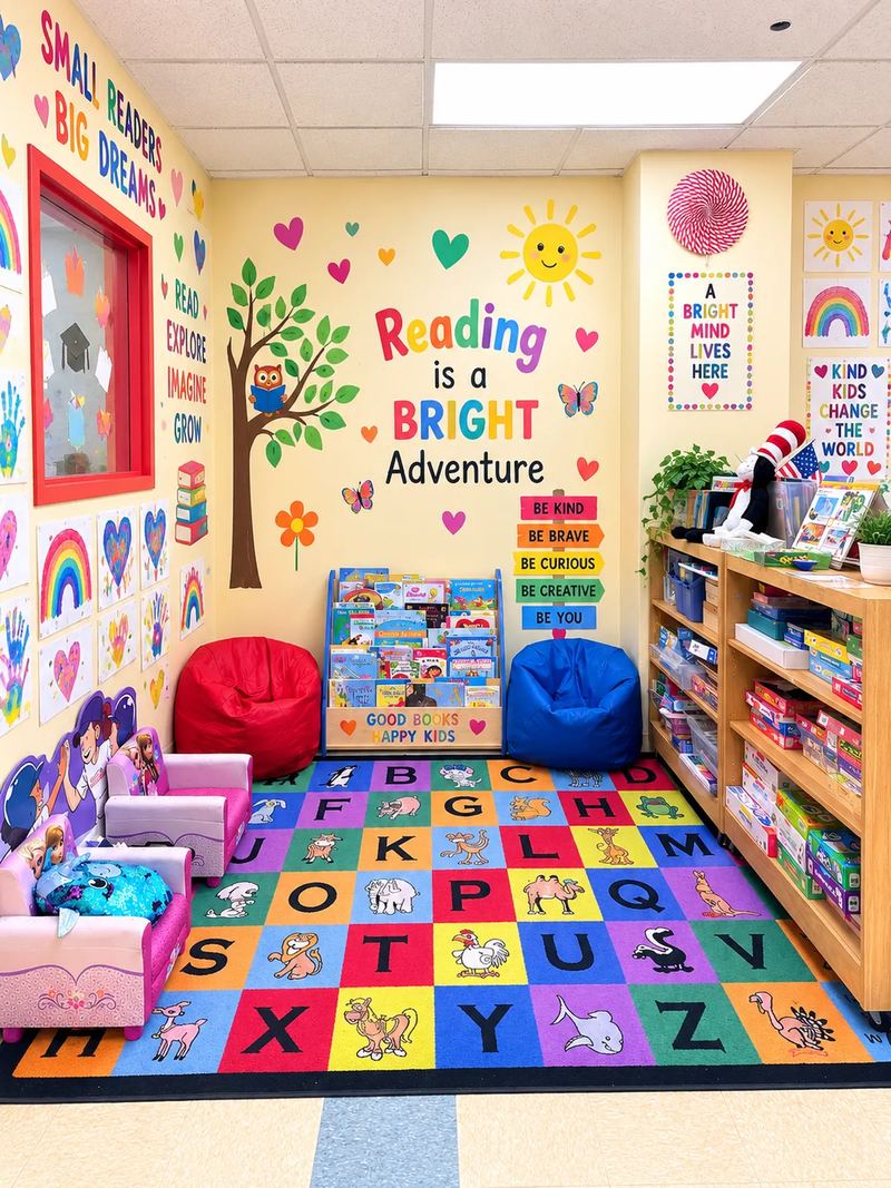 Cozy reading corner with a book display, bean bag chairs and an alphabet rug