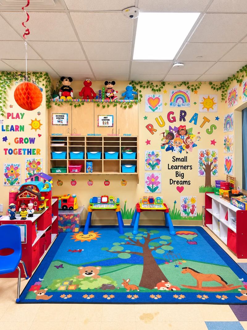 Rugrats classroom at Magical Palace of Wayne with science and art centers, cubbies and a nature play rug