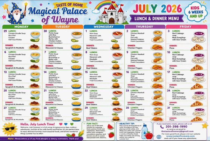 Magical Palace of Wayne July 2026 kids lunch and dinner menu, Taste of Home, Wayne New Jersey
