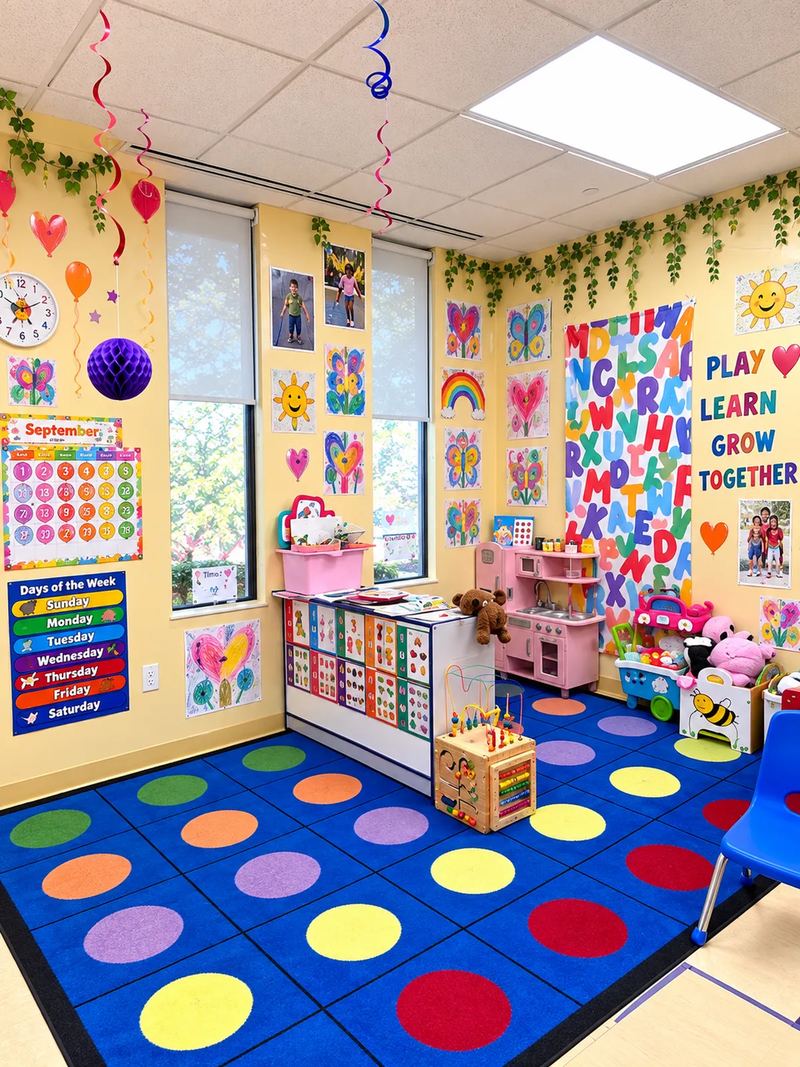 A toddler classroom corner with a monthly calendar, a play kitchen and a color-spot rug.