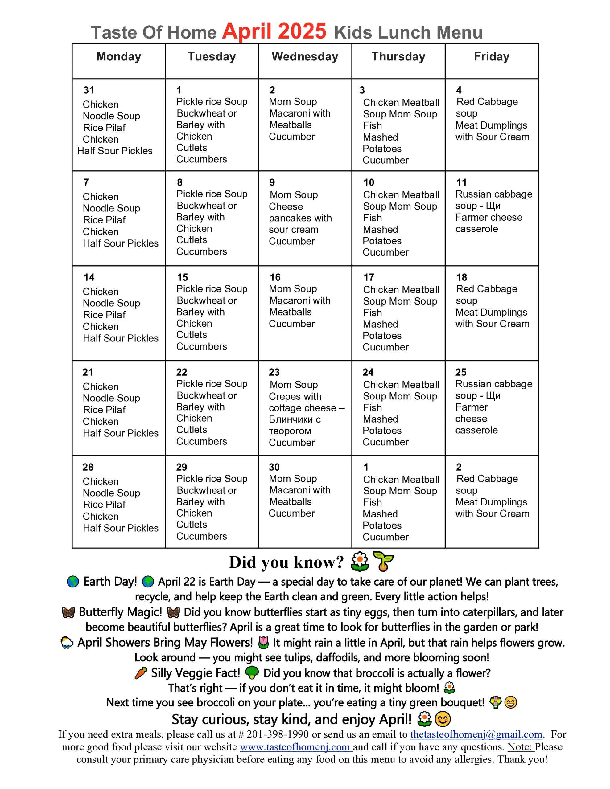 April 2025 Kids Lunch Menu